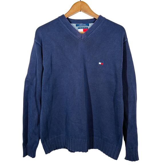 Vintage 90s Tommy Hilfiger V Neck Tight Knit Pullover Top Sweater Blue - M - Picture 1 of 4